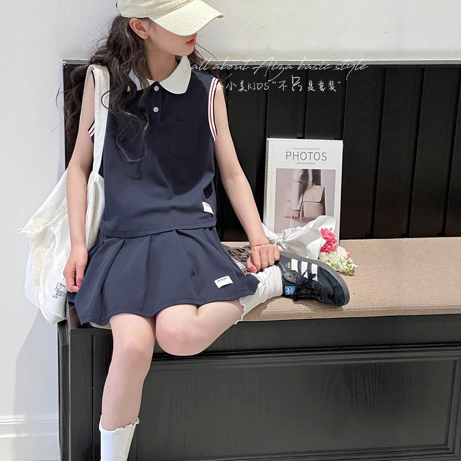 Girls Navy Blue Pleated Skirt Set – Summer Outfit – Outfit Sets – Image 2