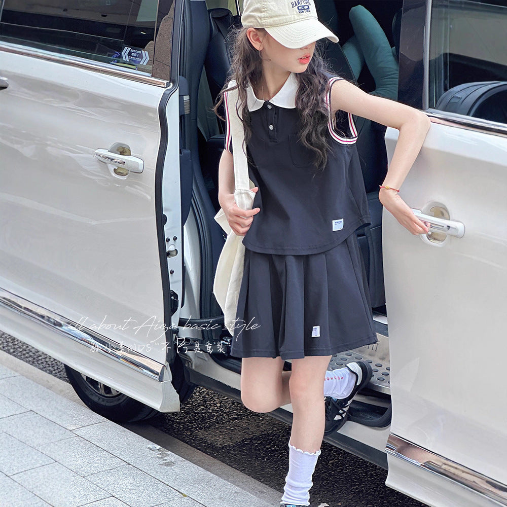 Girls Navy Blue Pleated Skirt Set – Summer Outfit – Outfit Sets – Image 3