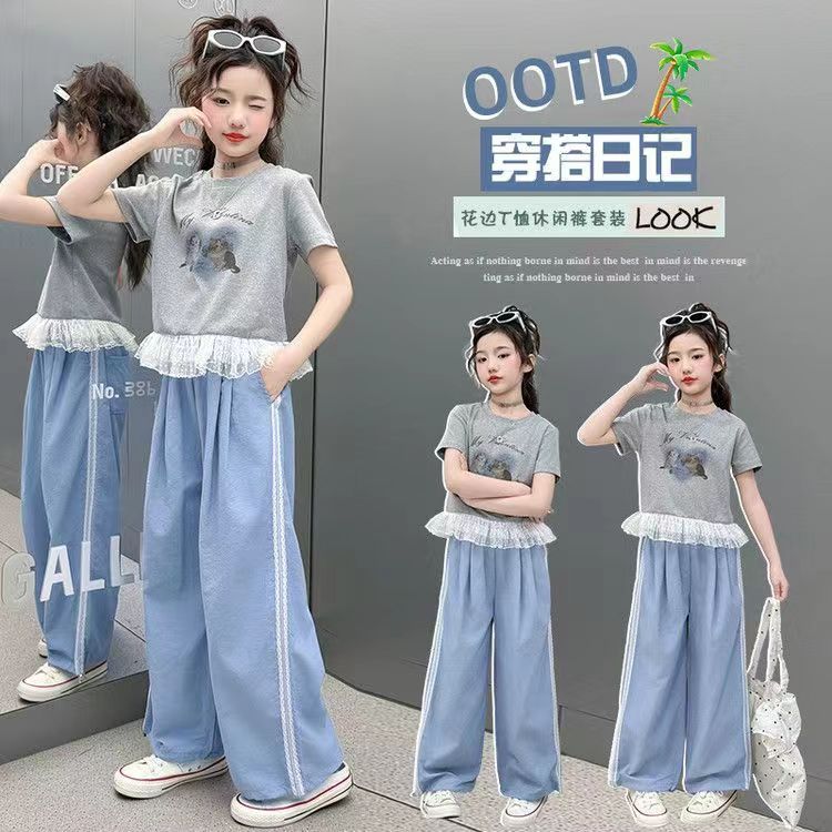 Girls Lace Cartoon T-Shirt Set – Summer Wide-Leg Outfit – Outfit Sets – Image 2