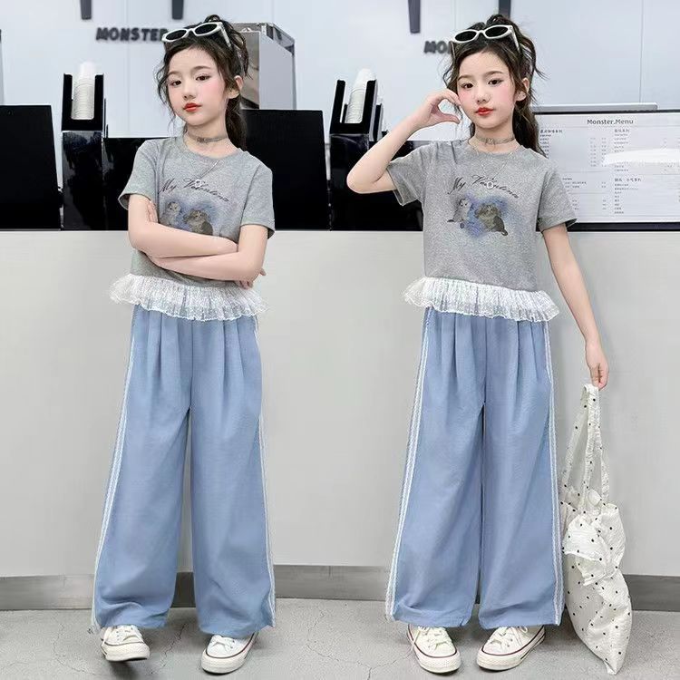Girls Lace Cartoon T-Shirt Set – Summer Wide-Leg Outfit – Outfit Sets – Image 3