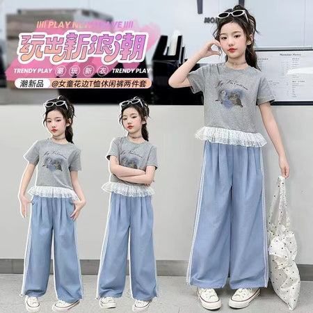 Girls Lace Cartoon T-Shirt Set – Summer Wide-Leg Outfit – Outfit Sets – Image 4