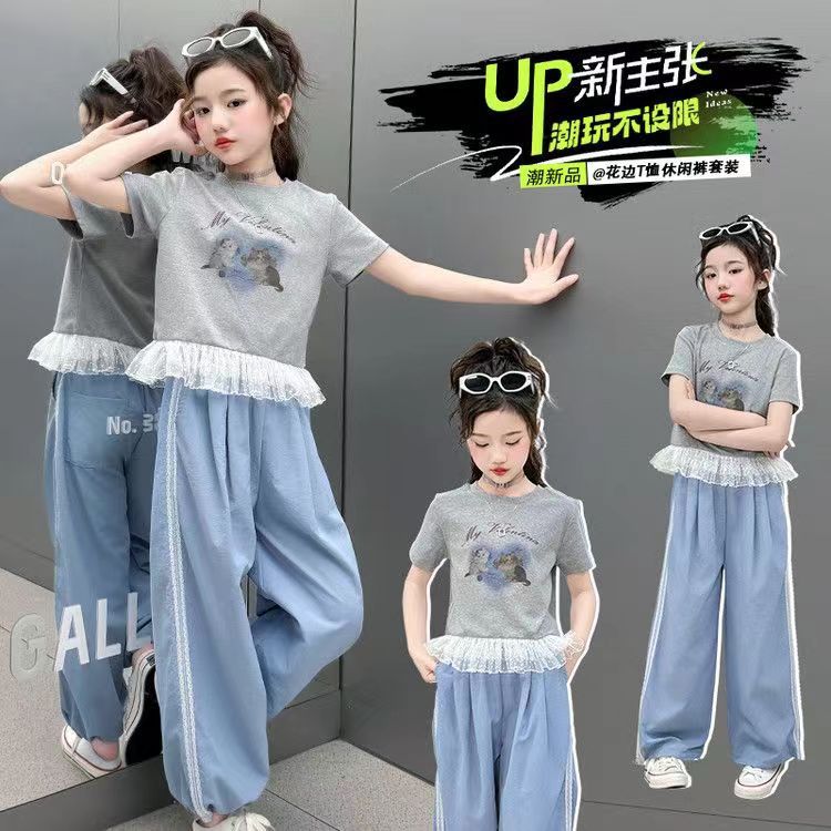 Girls Lace Cartoon T-Shirt Set – Summer Wide-Leg Outfit – Outfit Sets – Image 5