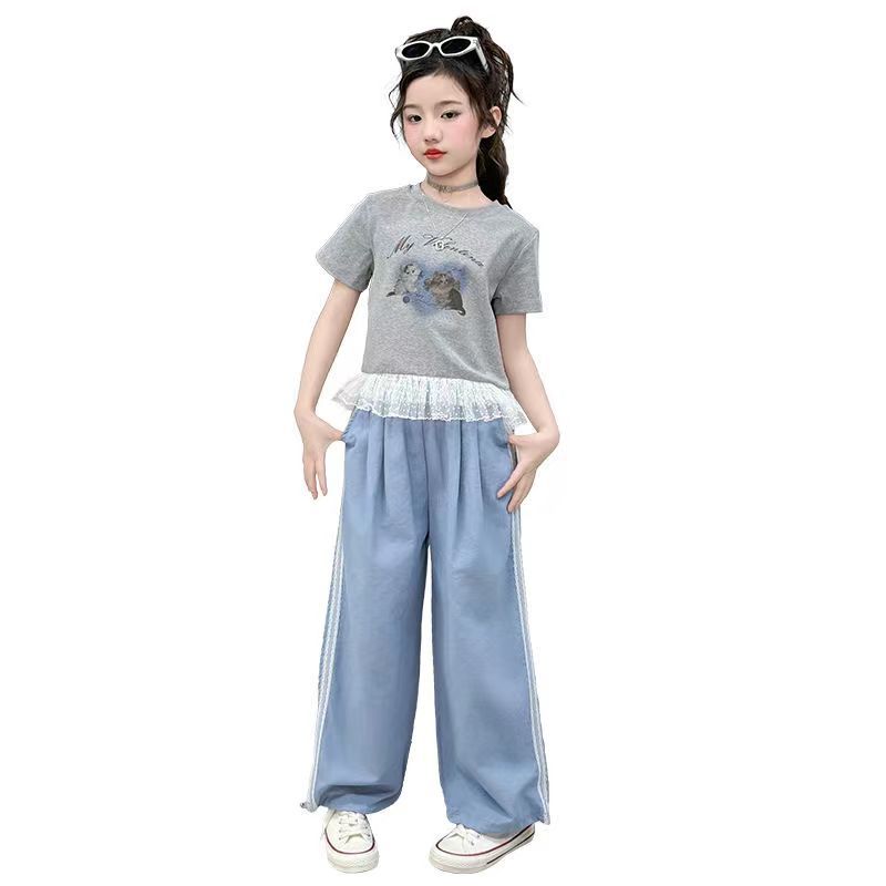 Girls Lace Cartoon T-Shirt Set – Summer Wide-Leg Outfit – Outfit Sets – Image 1