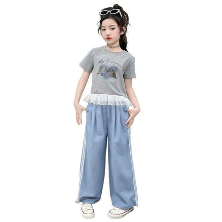 Girls Lace Cartoon T-Shirt Set – Summer Wide-Leg Outfit – Outfit Sets – Image 1