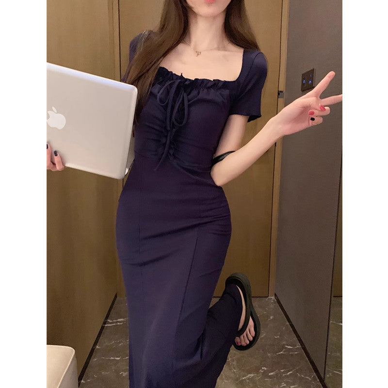 Blue Square Collar Fishtail Slim Fit Long Dress