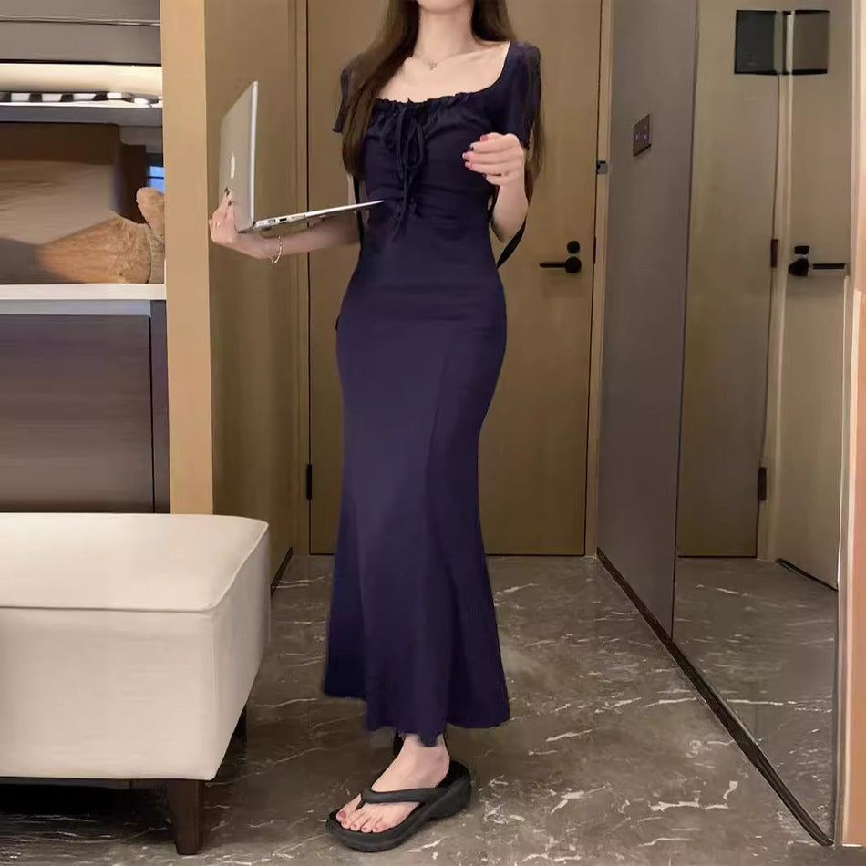 Blue Square Collar Fishtail Slim Fit Long Dress