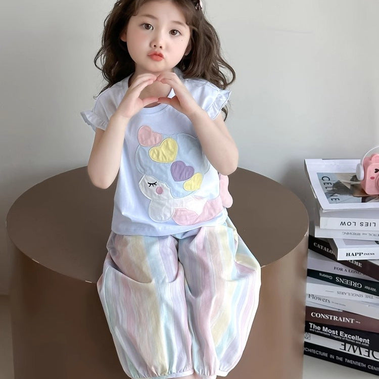 Girls Cartoon Korean Outfit – Summer Top & Pants Set – Outfit Sets – Image 2