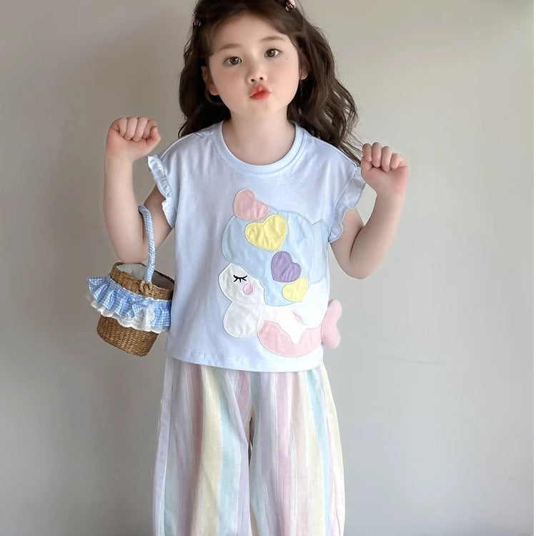 Girls Cartoon Korean Outfit – Summer Top & Pants Set – Outfit Sets – Image 3