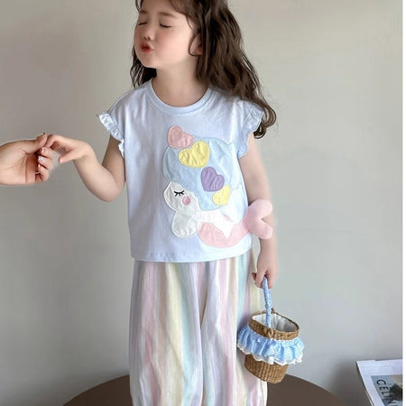 Girls Cartoon Korean Outfit – Summer Top & Pants Set – Outfit Sets – Image 4