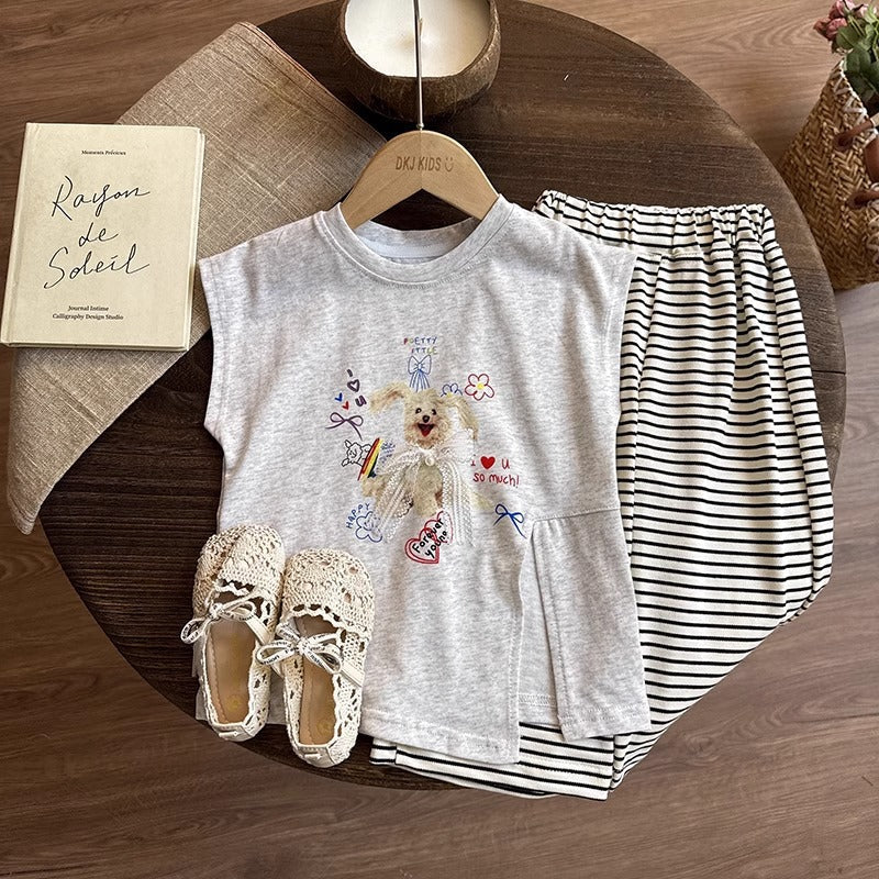 Girls Korean Sleeveless Set – Cartoon Top & Striped Pants – Outfit Sets – Image 1