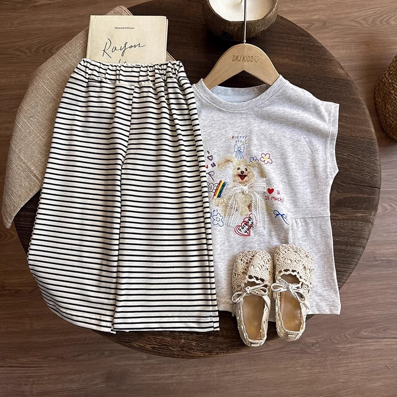 Girls Korean Sleeveless Set – Cartoon Top & Striped Pants – Outfit Sets – Image 2