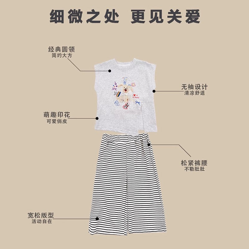 Girls Korean Sleeveless Set – Cartoon Top & Striped Pants – Outfit Sets – Image 3