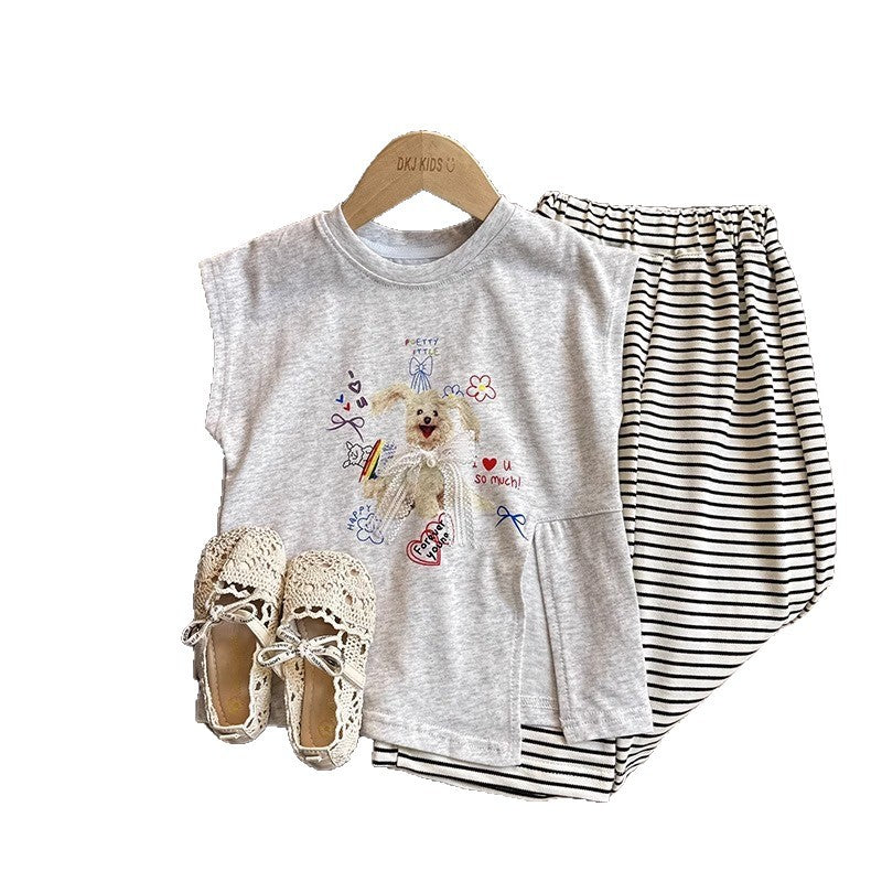 Girls Korean Sleeveless Set – Cartoon Top & Striped Pants – Outfit Sets – Image 5