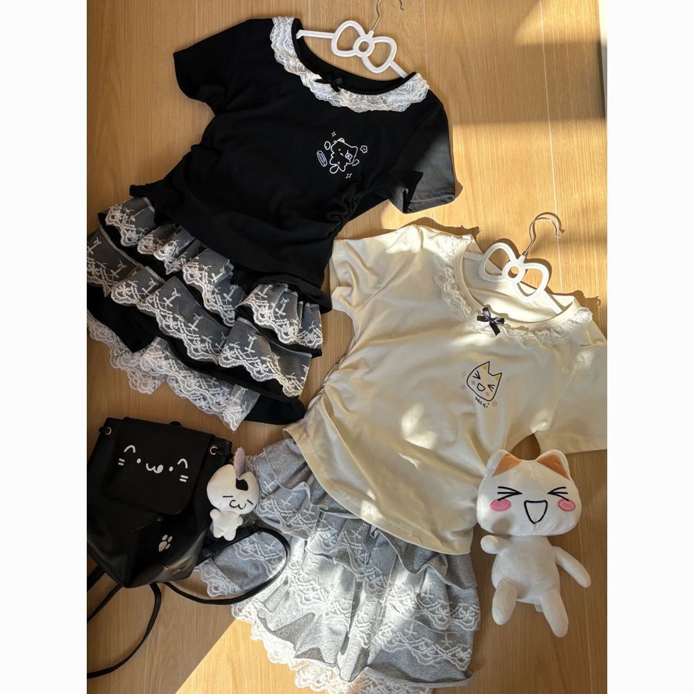 Girls Lace Korean Dress Set – Cartoon Summer Outfit – Outfit Sets – Image 1