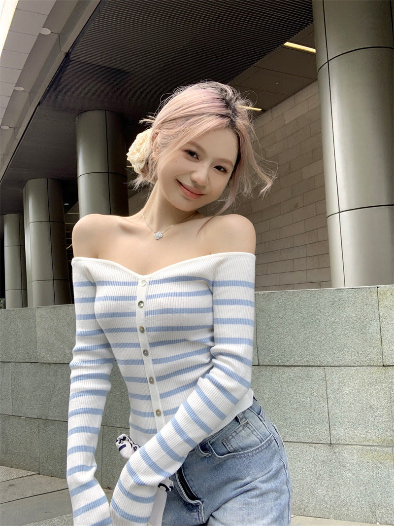 Blue White Striped Slim Fit Sweater Top Women
