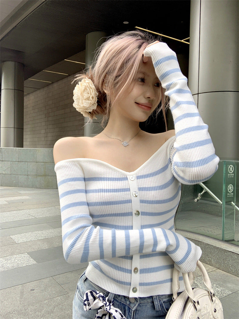 Blue White Striped Slim Fit Sweater Top Women