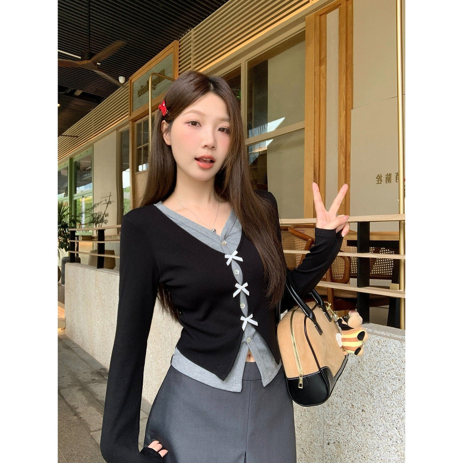 Fake Two Piece Slim Waist Contrast Color Top Women