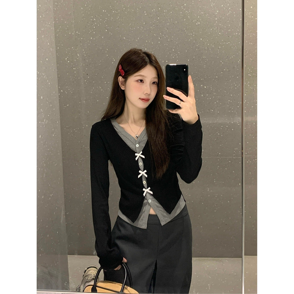 Fake Two Piece Slim Waist Contrast Color Top Women