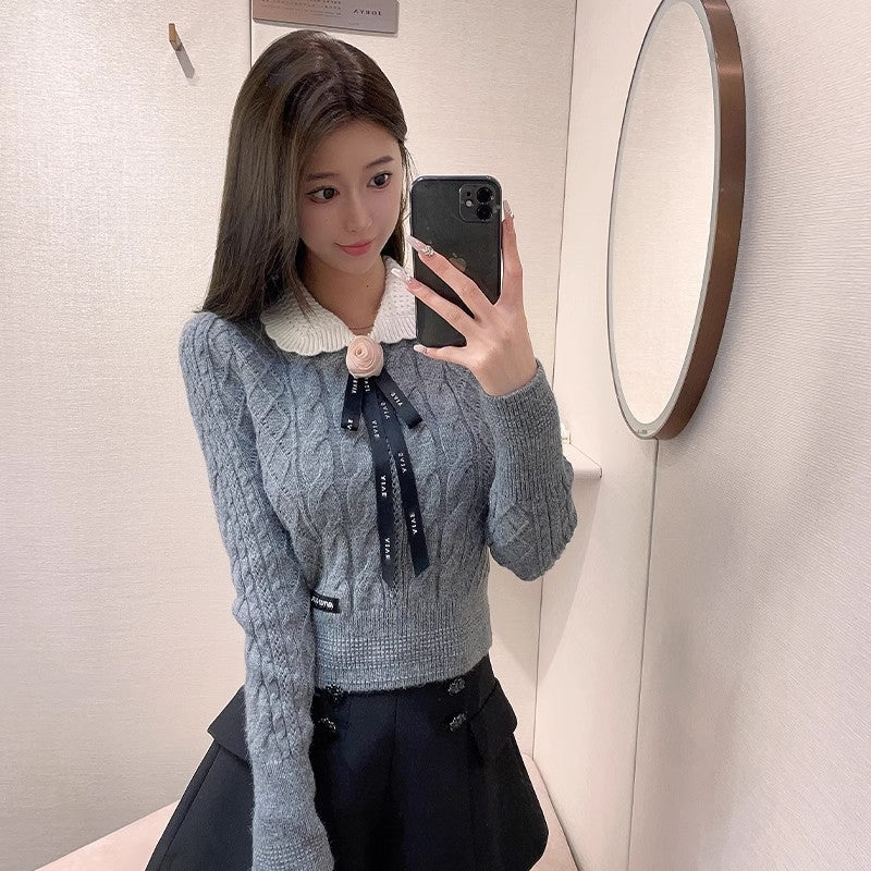 Elegant Bow Lapel 3D Flower Diamond Sweater Women