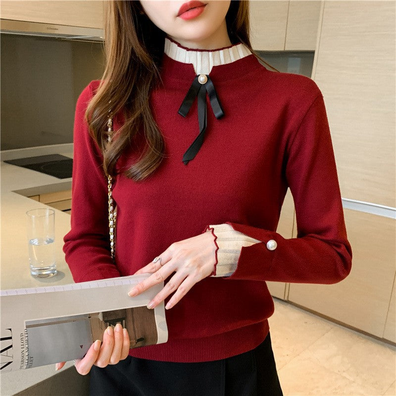 Half High Collar Knit Fake Two Piece Sweater Women