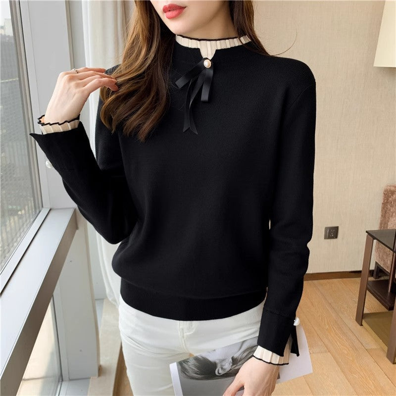 Half High Collar Knit Fake Two Piece Sweater Women