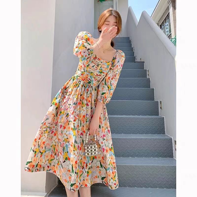 French Retro Puff Sleeve Floral Midi Dress Women