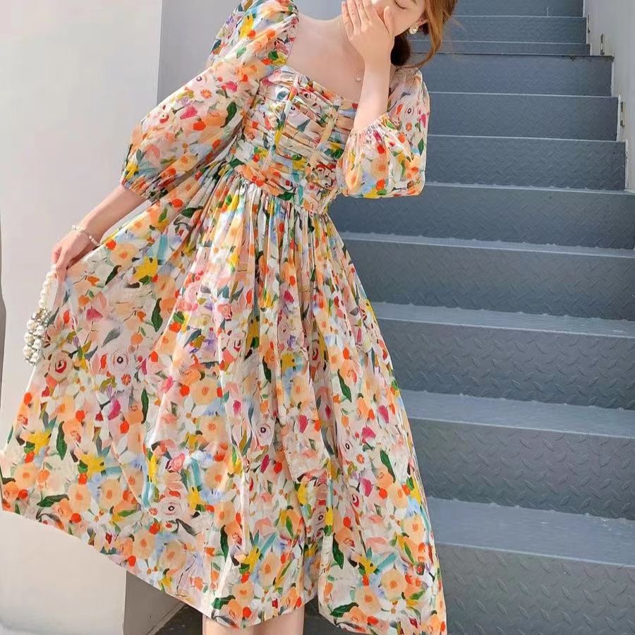 French Retro Puff Sleeve Floral Midi Dress Women