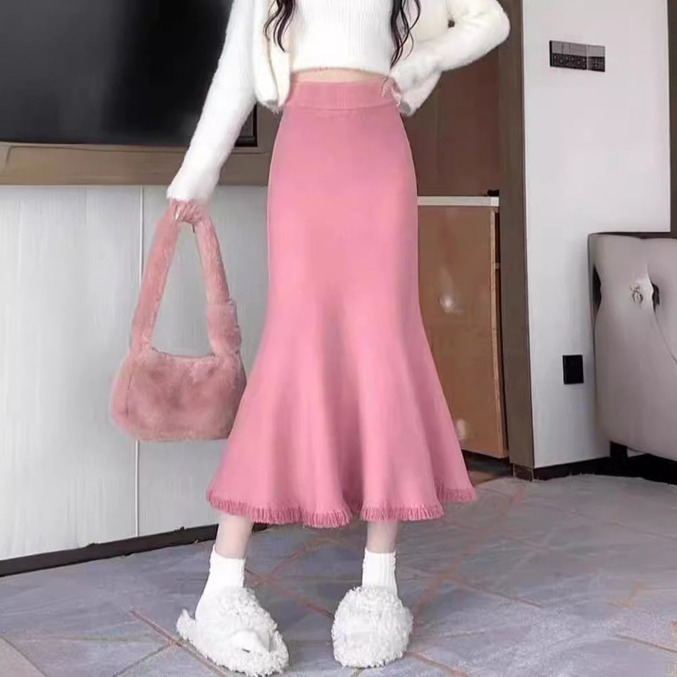 High Waist Knitted Fishtail Tassel Midi Skirt Women