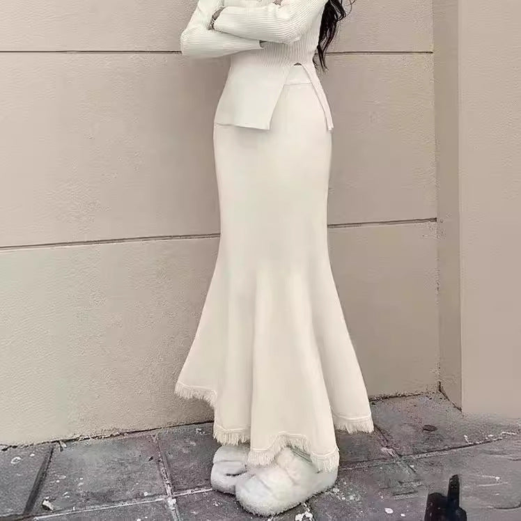 High Waist Knitted Fishtail Tassel Midi Skirt Women
