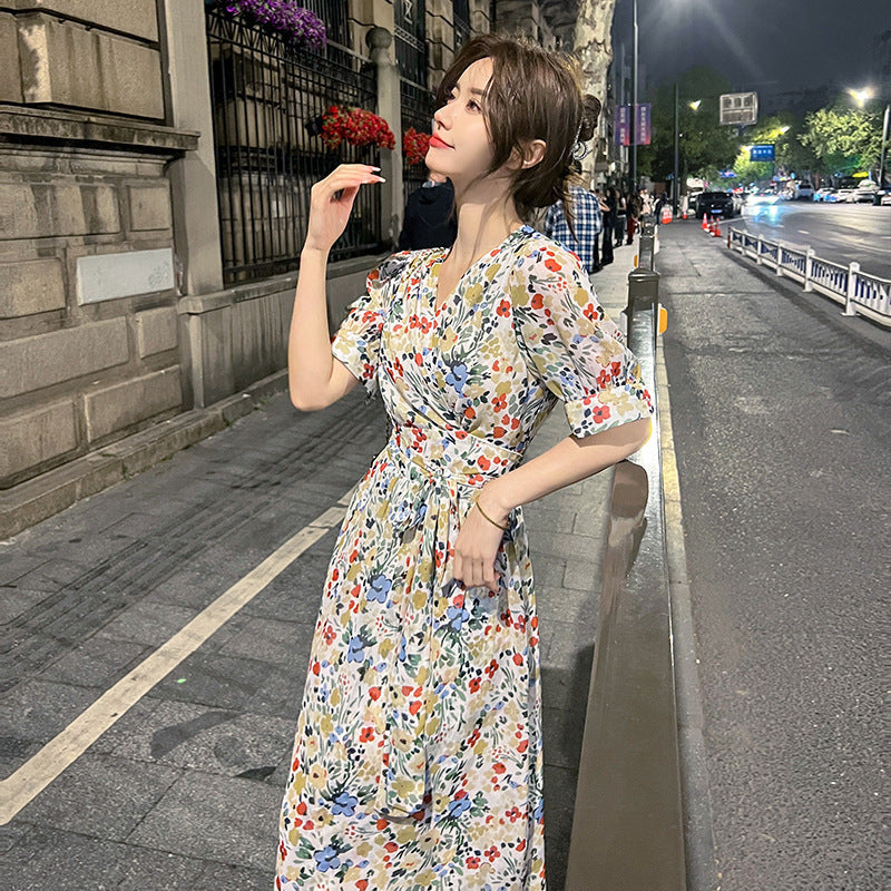 V-Neck Chiffon Lace-Up Slim Fit Long Dress Women