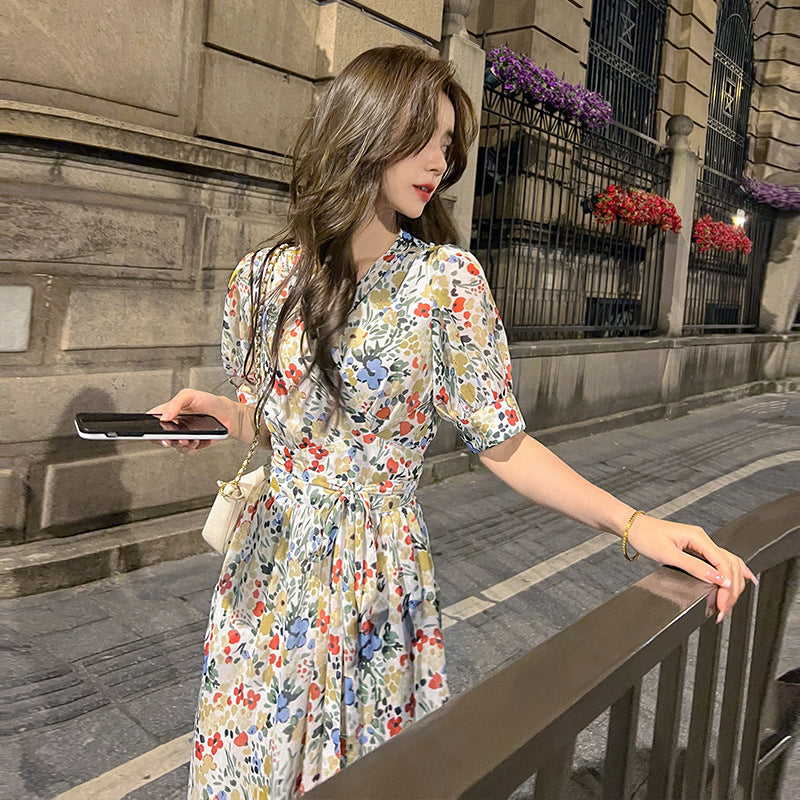 V-Neck Chiffon Lace-Up Slim Fit Long Dress Women