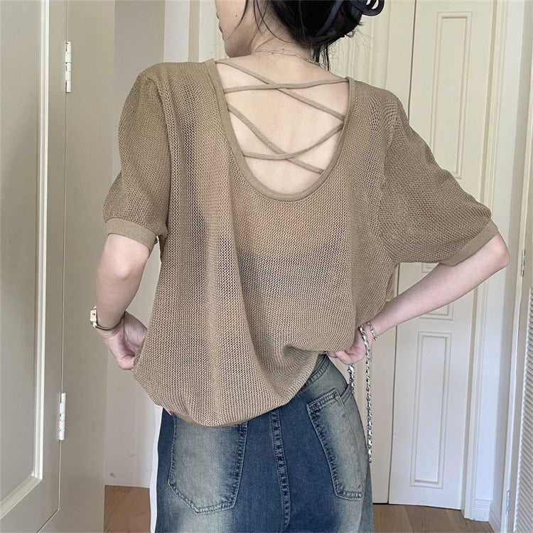 Striped Backless Ice Silk Knitted Summer Top Women