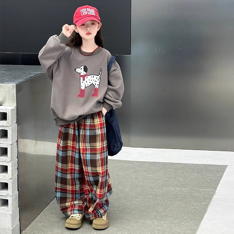 Girls Korean Cartoon Plaid Set – Spring Autumn Outfit – Outfit Sets – Image 1