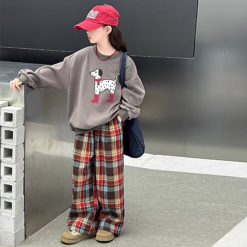 Girls Korean Cartoon Plaid Set – Spring Autumn Outfit – Outfit Sets – Image 2