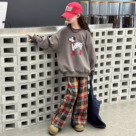 Girls Korean Cartoon Plaid Set – Spring Autumn Outfit – Outfit Sets – Image 3