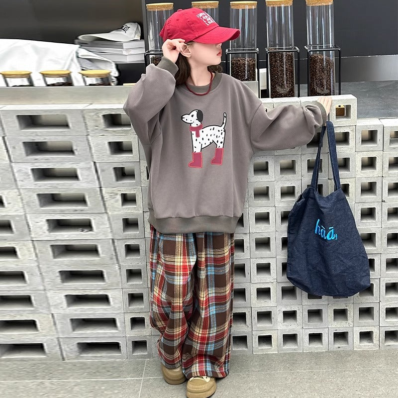 Girls Korean Cartoon Plaid Set – Spring Autumn Outfit – Outfit Sets – Image 4