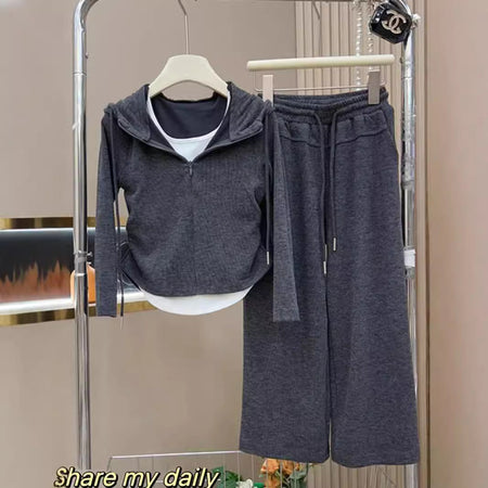 Girls Korean Solid Set – Zipper Shirt Two-Piece Outfit – Outfit Sets – Image 2