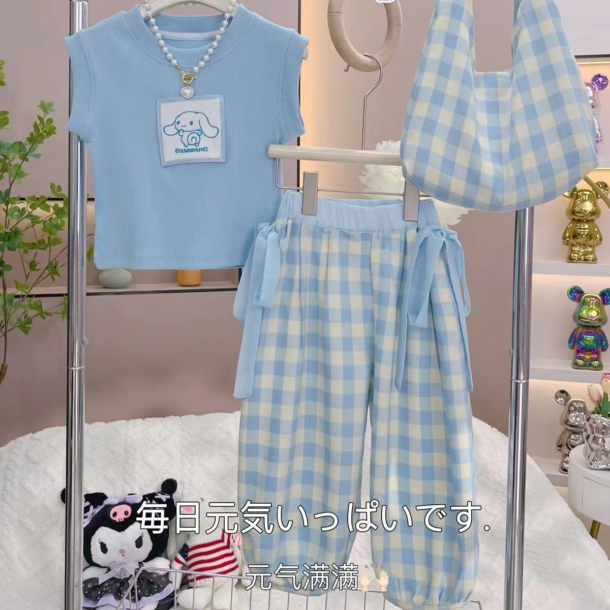 Girls Summer Sleeveless Set – Plaid Pants Outfit – Outfit Sets – Image 1