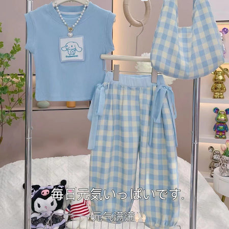 Girls Summer Sleeveless Set – Plaid Pants Outfit – Outfit Sets – Image 1