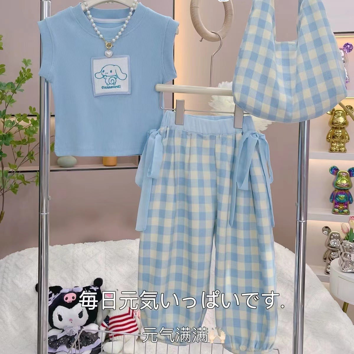 Girls Summer Sleeveless Set – Plaid Pants Outfit – Outfit Sets – Image 2