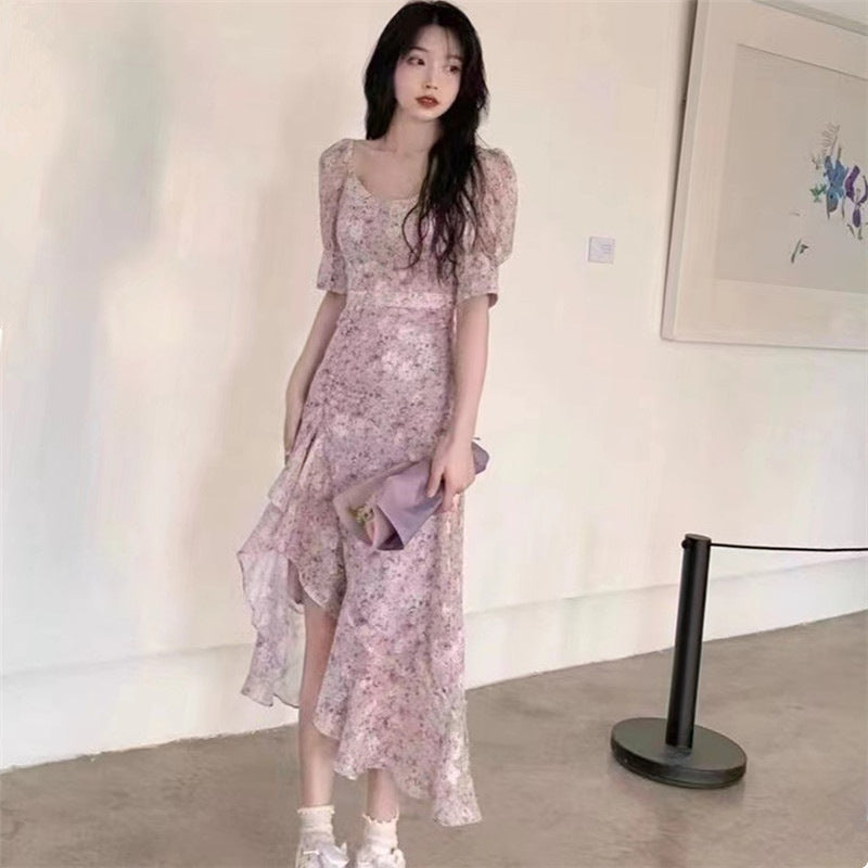 Floral French Bubble Sleeve Waist Slim Short Dress