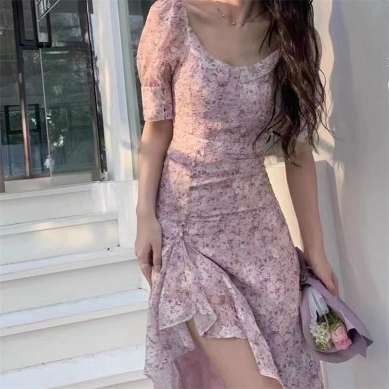 Floral French Bubble Sleeve Waist Slim Short Dress