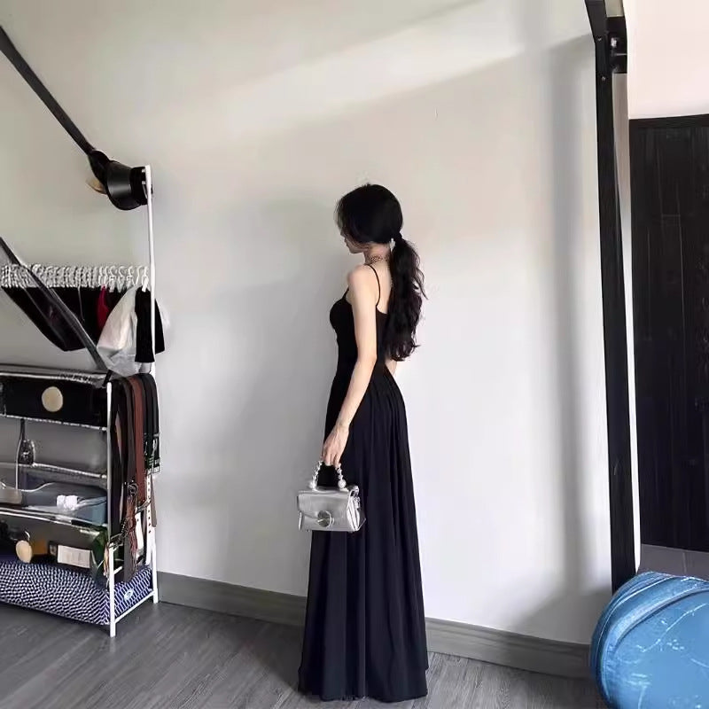 Hepburn Black Sling Swing Long Vacation Dress Women