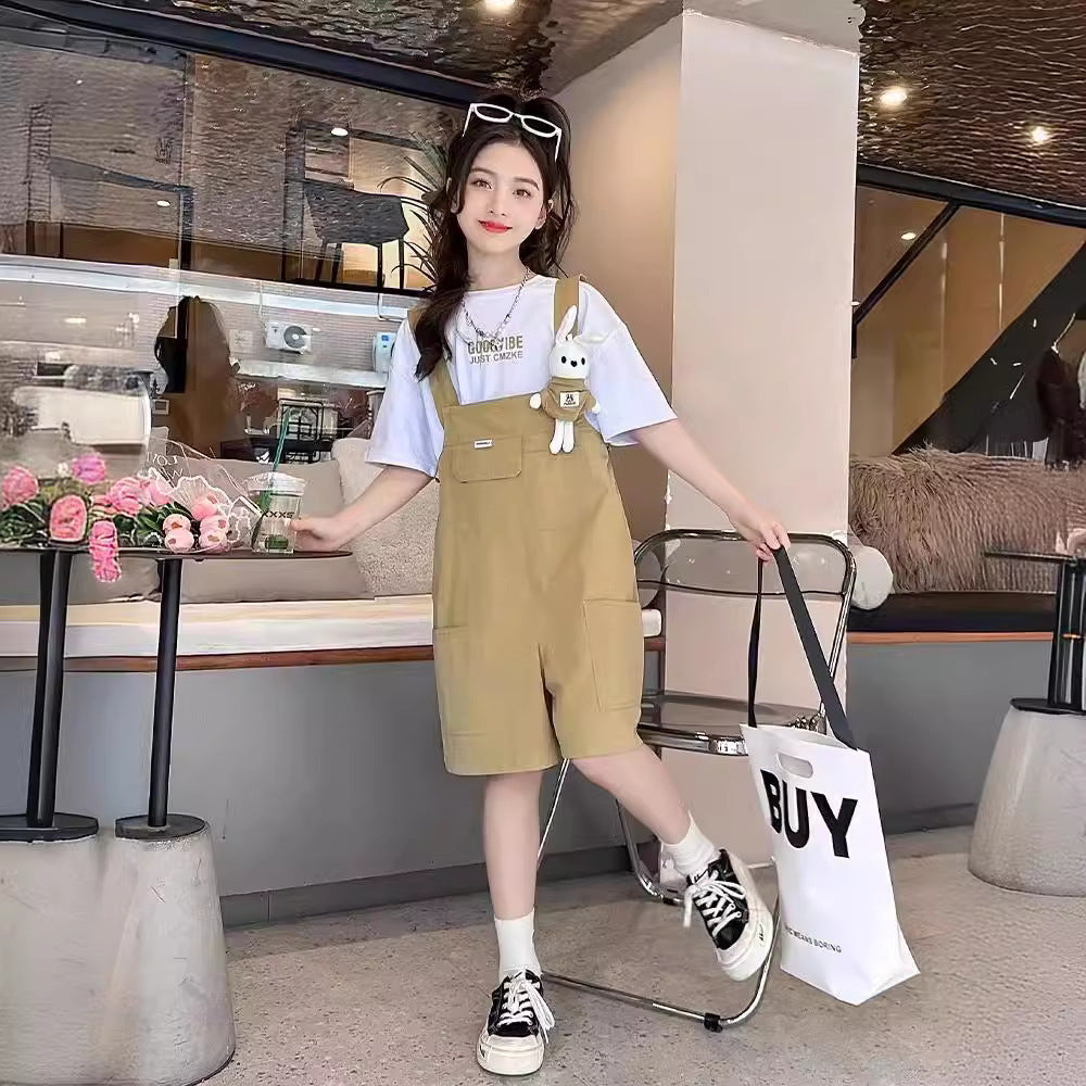 Girls Korean Summer Set – Solid T-Shirt Pants Outfit – Outfit Sets – Image 1