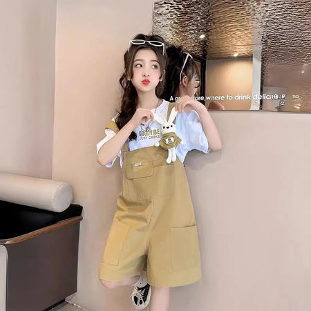 Girls Korean Summer Set – Solid T-Shirt Pants Outfit – Outfit Sets – Image 2