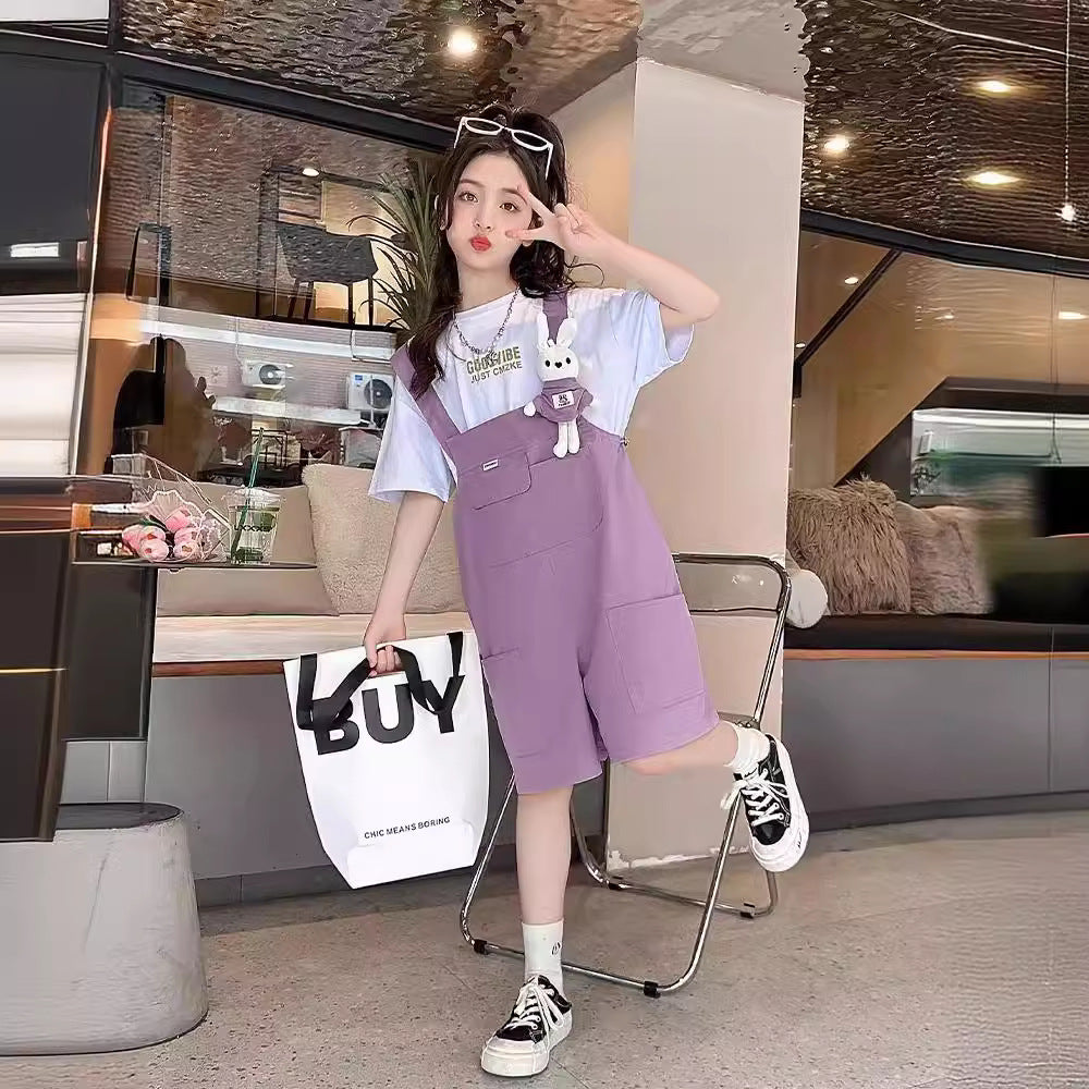 Girls Korean Summer Set – Solid T-Shirt Pants Outfit – Outfit Sets – Image 4