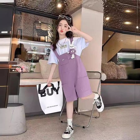 Girls Korean Summer Set – Solid T-Shirt Pants Outfit – Outfit Sets – Image 4