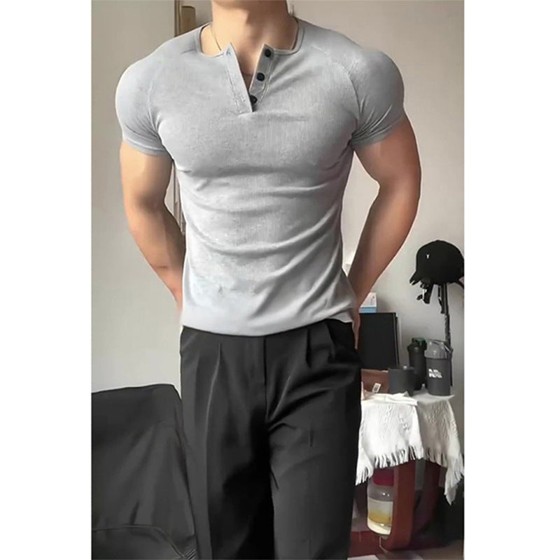 STOCK-Men’s Henry Collar Slim Fit T-Shirt – Quick-Dry Stretch