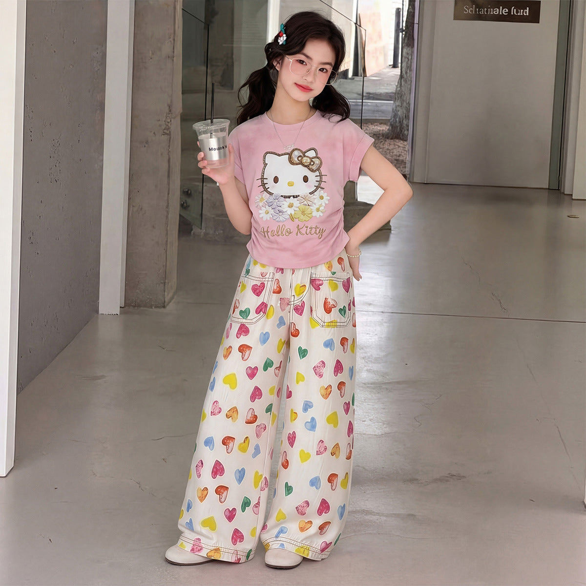 Girls KT Cat Wide Leg Set – Summer Two-Piece Outfit – Outfit Sets – Image 1
