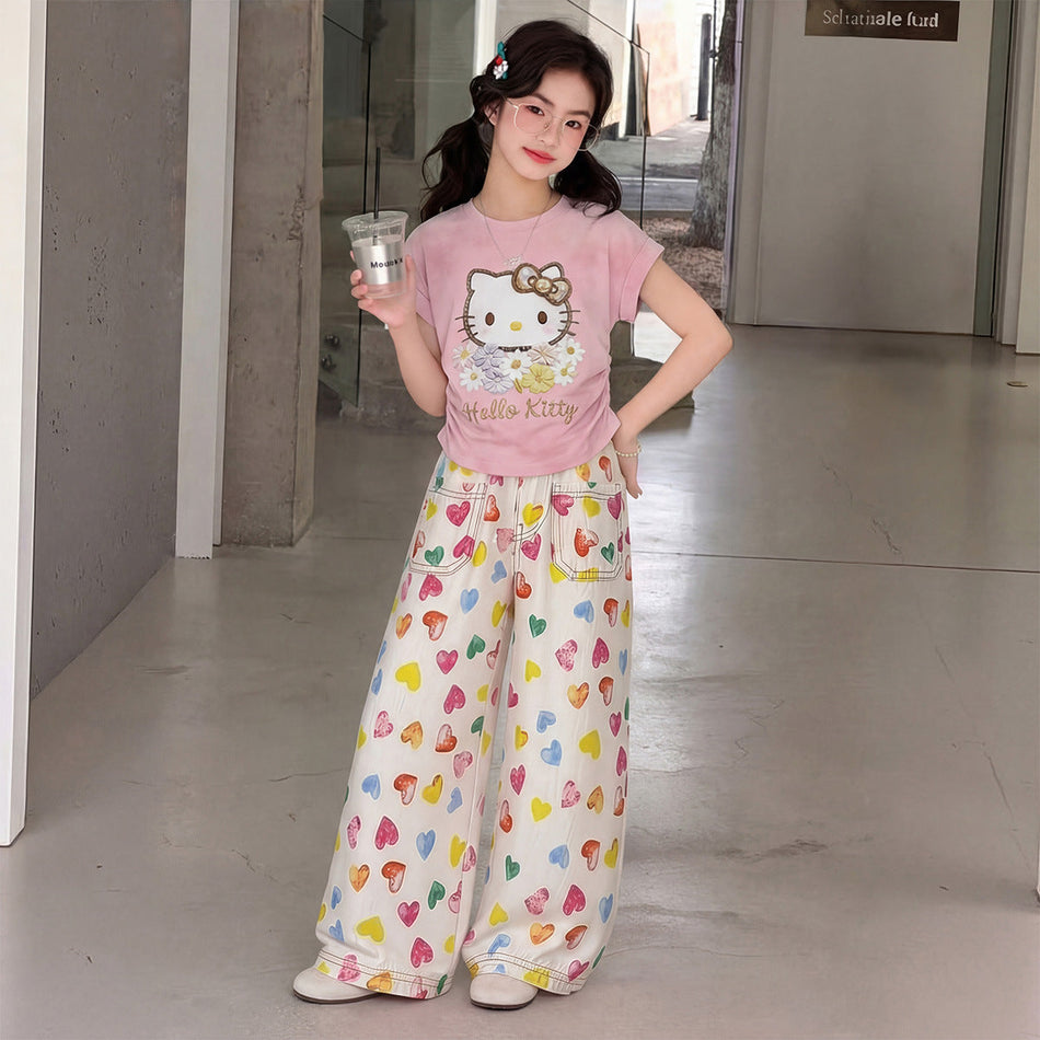 Girls KT Cat Wide Leg Set – Summer Two-Piece Outfit – Outfit Sets – Image 1